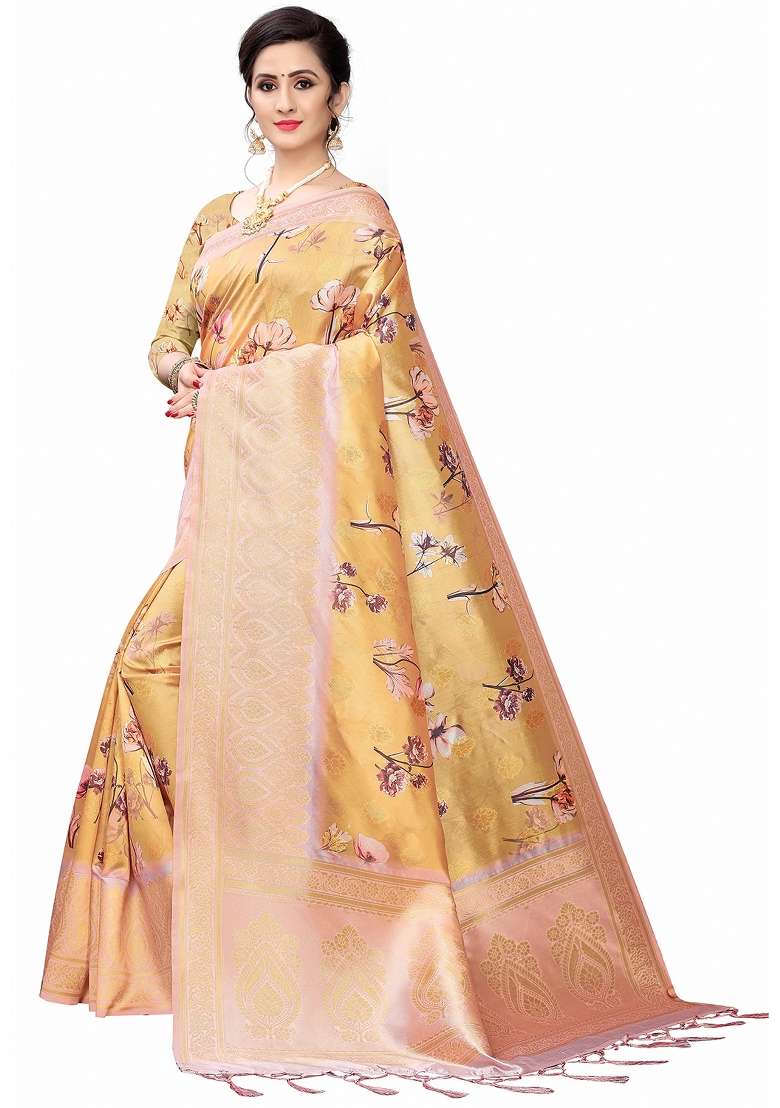 Mustard Yellow Motif Silk Blend Saree Set - Indya