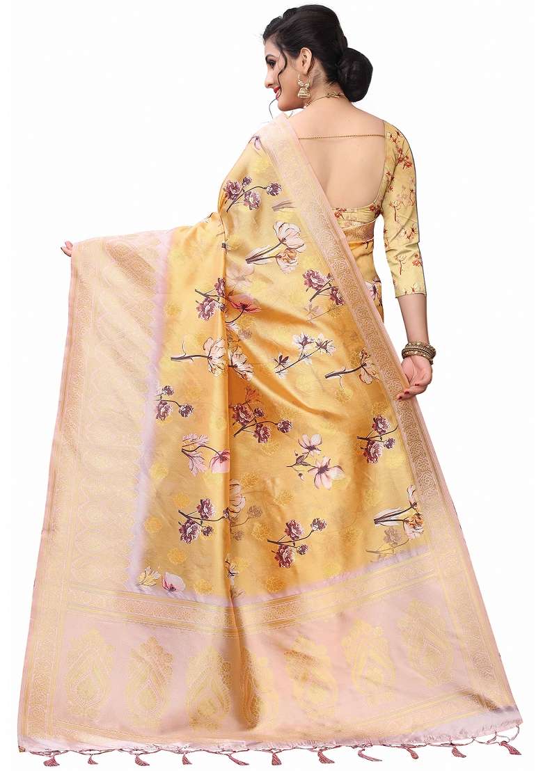 Mustard Yellow Motif Silk Blend Saree Set - Indya