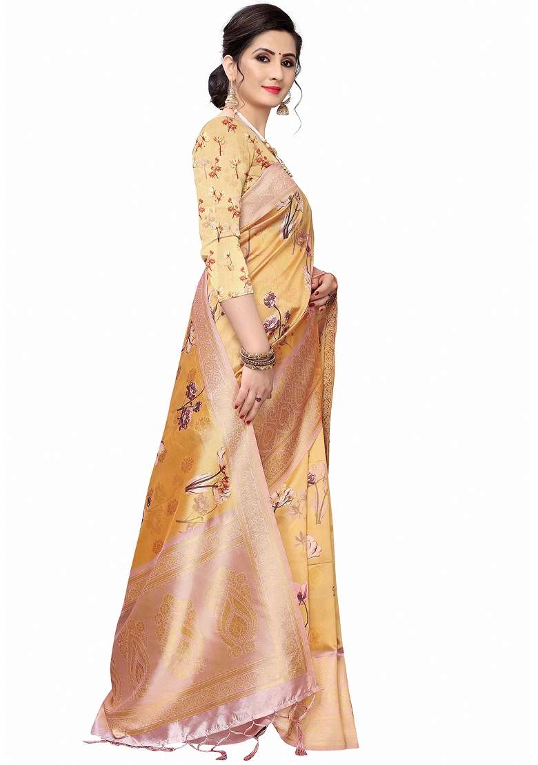 Mustard Yellow Motif Silk Blend Saree Set - Indya