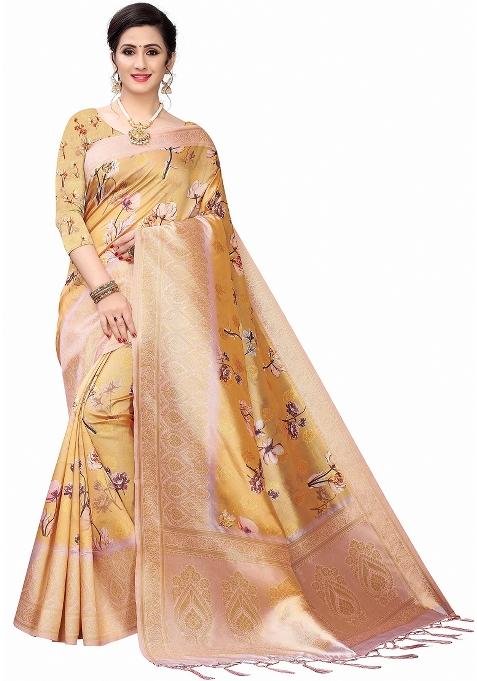 Mustard Yellow Motif Silk Saree Set