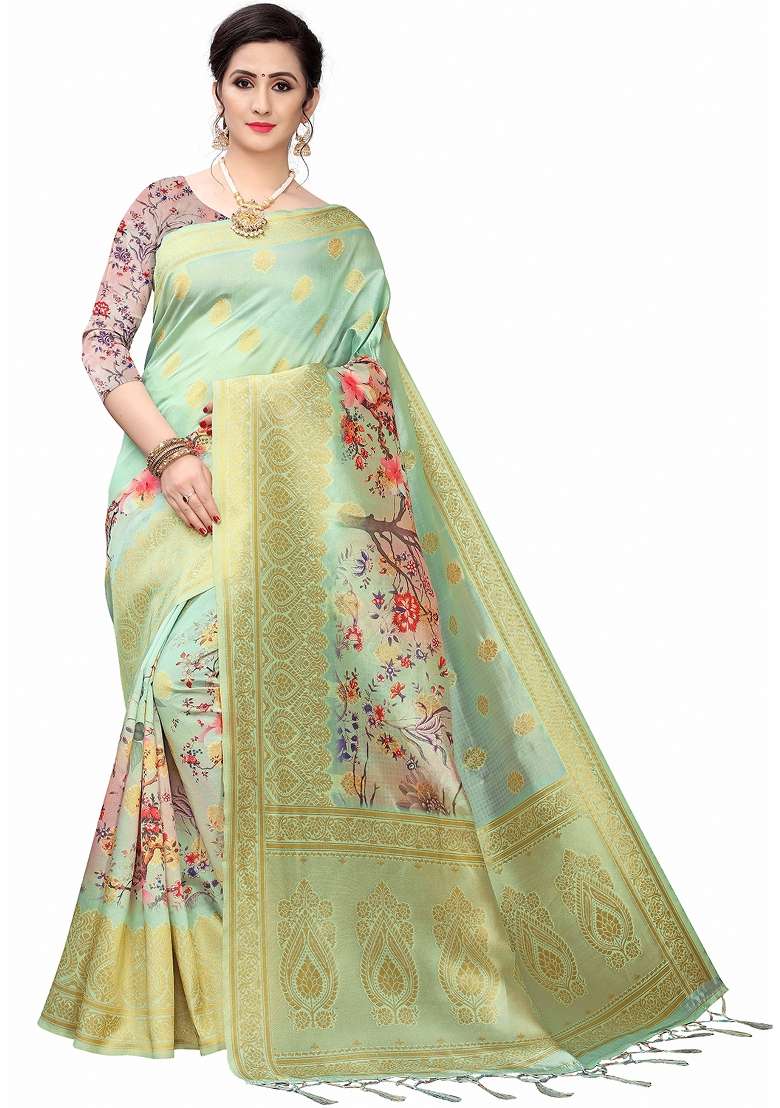 Ocean Green Motif Silk Blend Saree Set - Indya