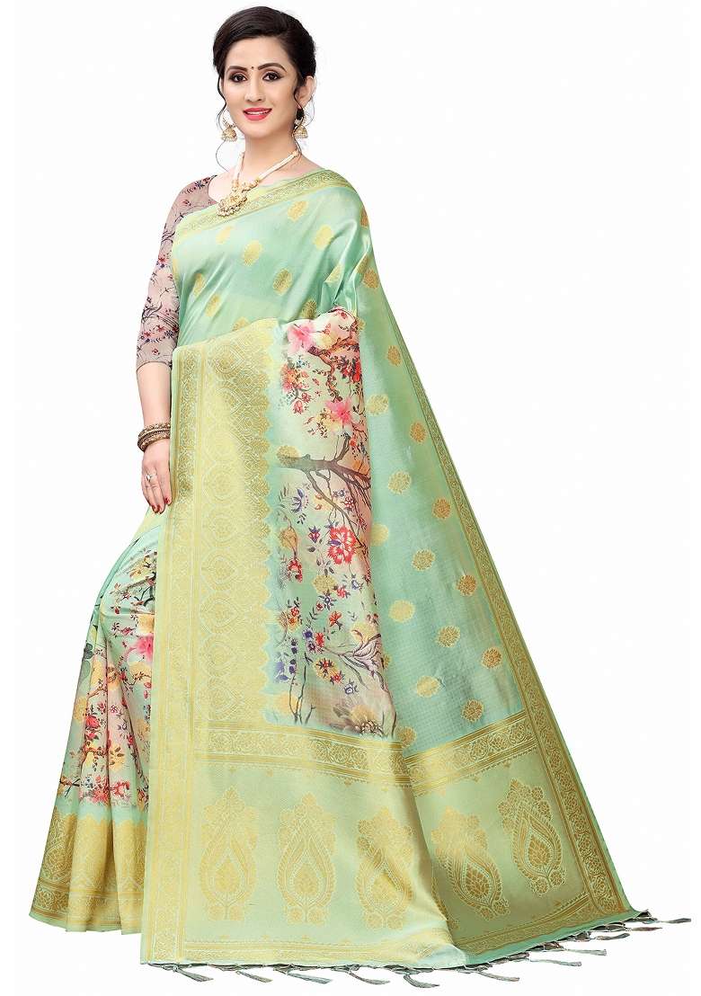 Ocean Green Motif Silk Blend Saree Set - Indya