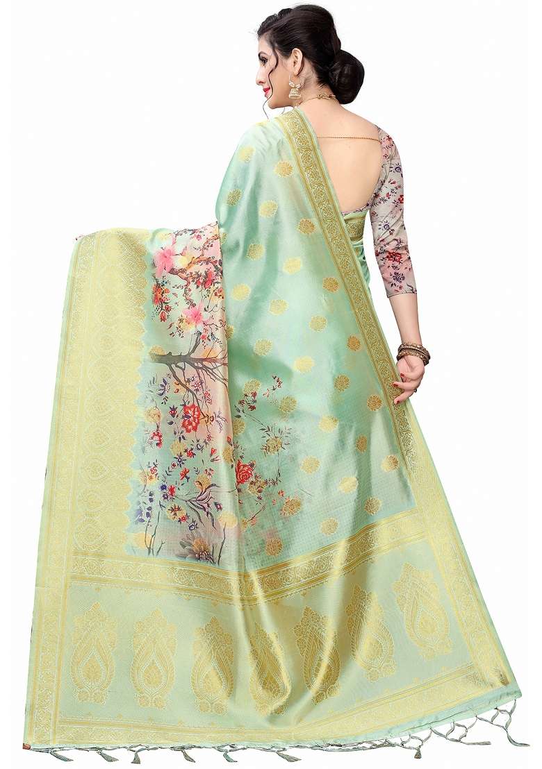 Ocean Green Motif Silk Blend Saree Set - Indya