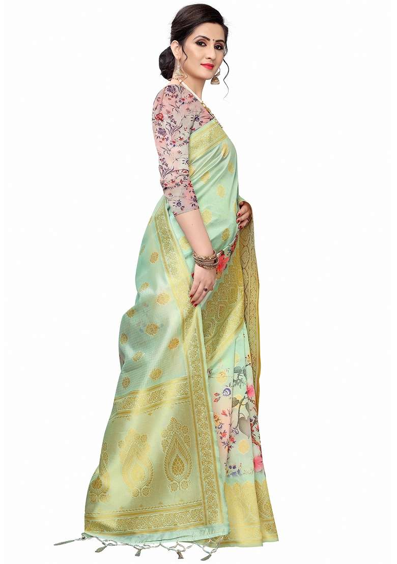 Ocean Green Motif Silk Blend Saree Set - Indya