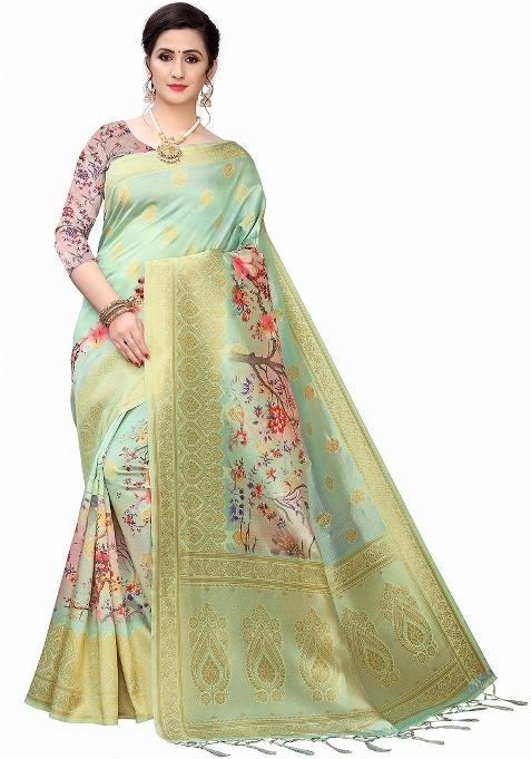 Ocean Green Motif Silk Saree Set