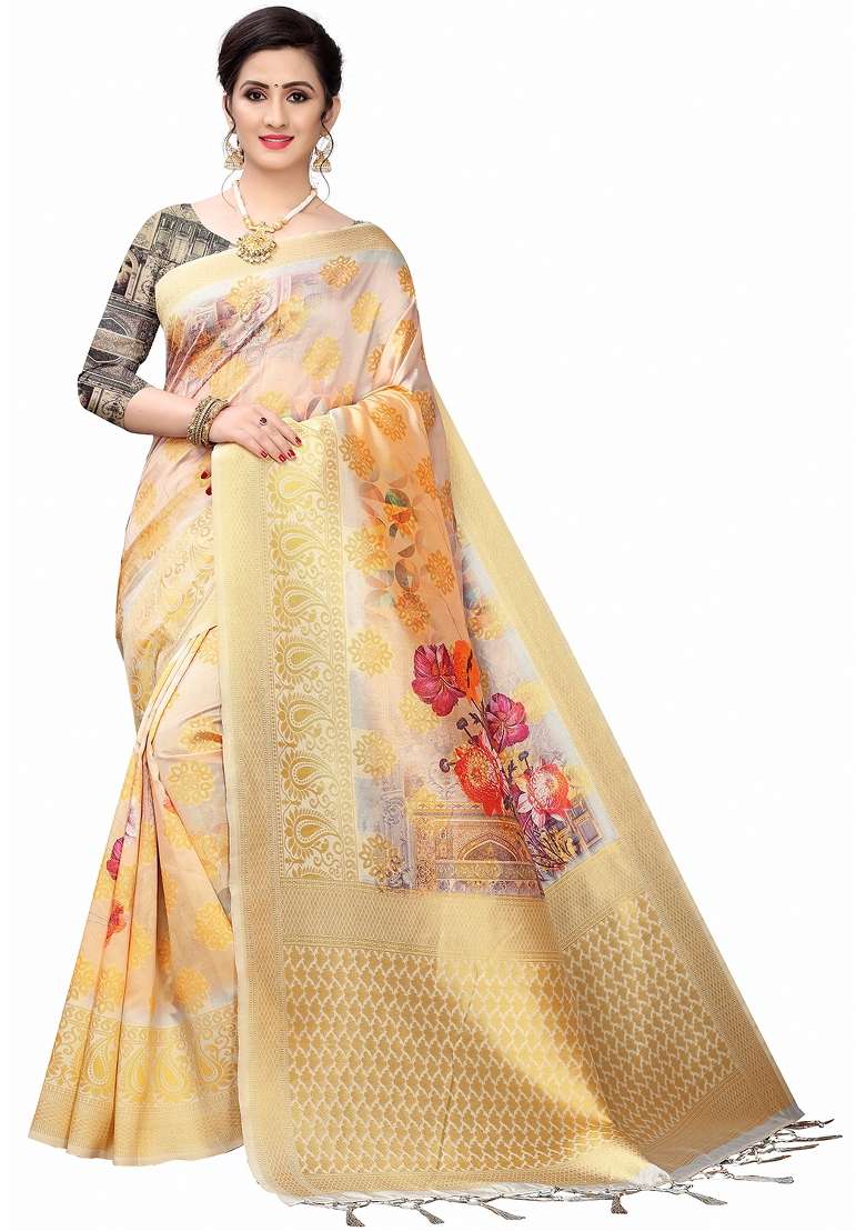 Purple Motif Silk Blend Saree Set - Indya