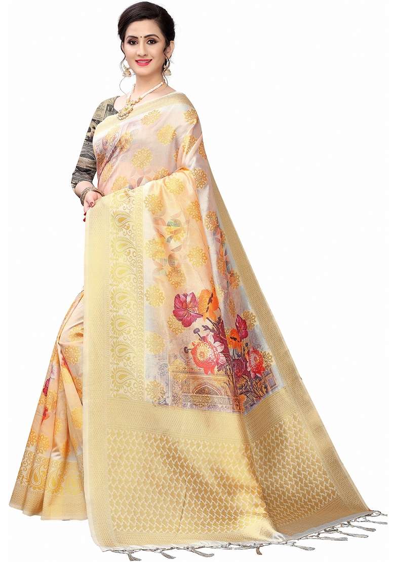 Purple Motif Silk Blend Saree Set - Indya