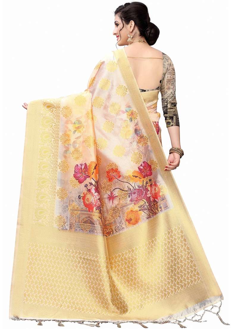 Purple Motif Silk Blend Saree Set - Indya