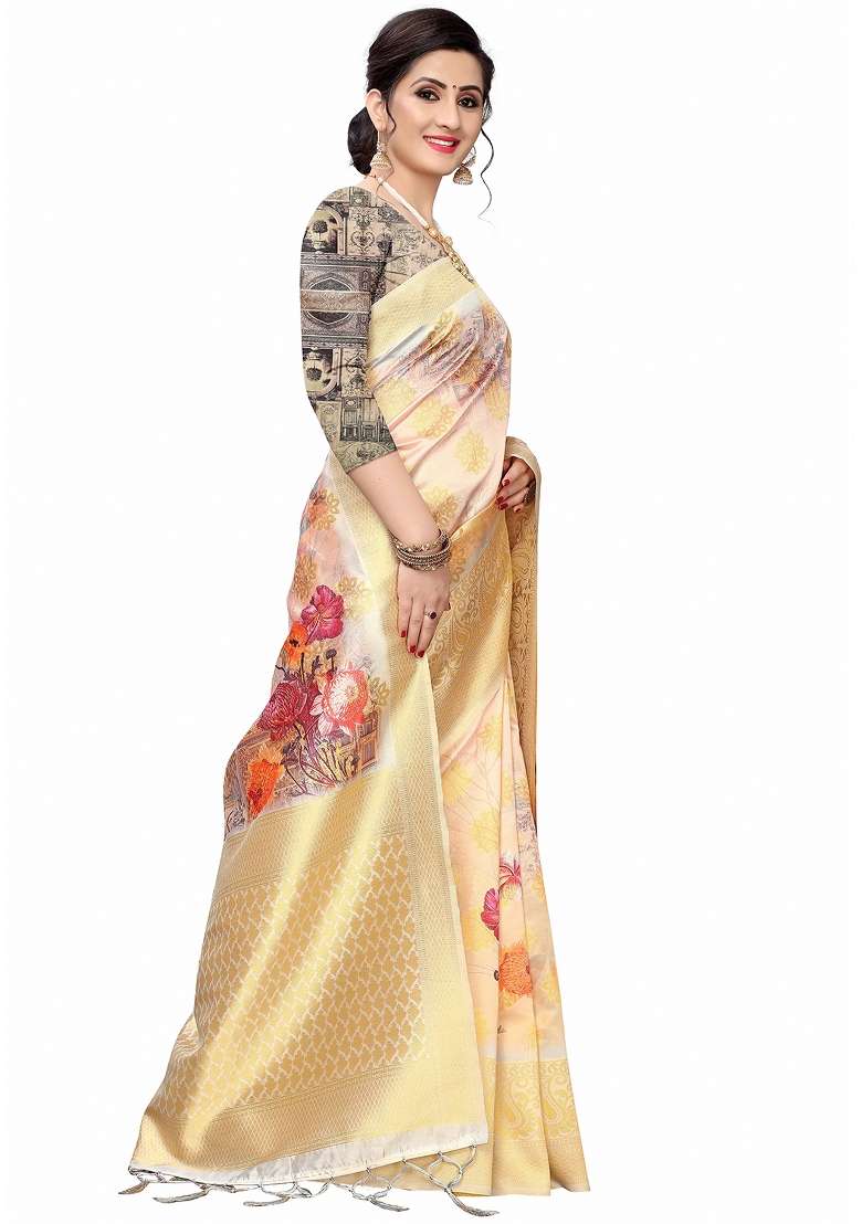 Purple Motif Silk Blend Saree Set - Indya