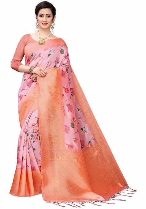 Pink Motif Silk Saree Set