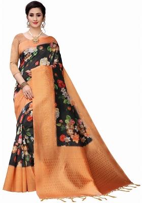 Black Printed Silk Saree Set