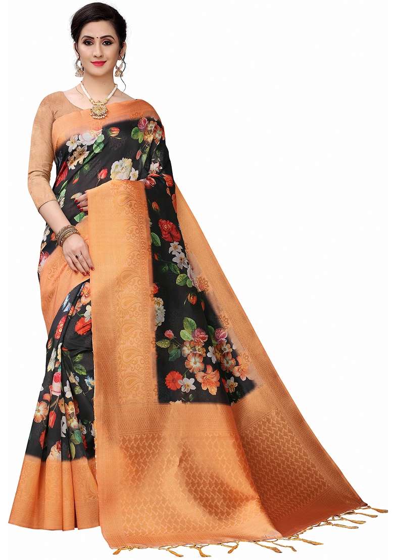 Black Printed Silk Blend Saree Set - Indya