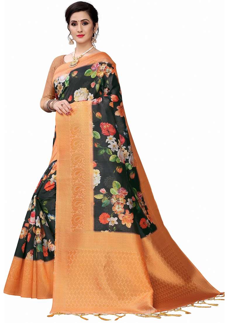 Black Printed Silk Blend Saree Set - Indya