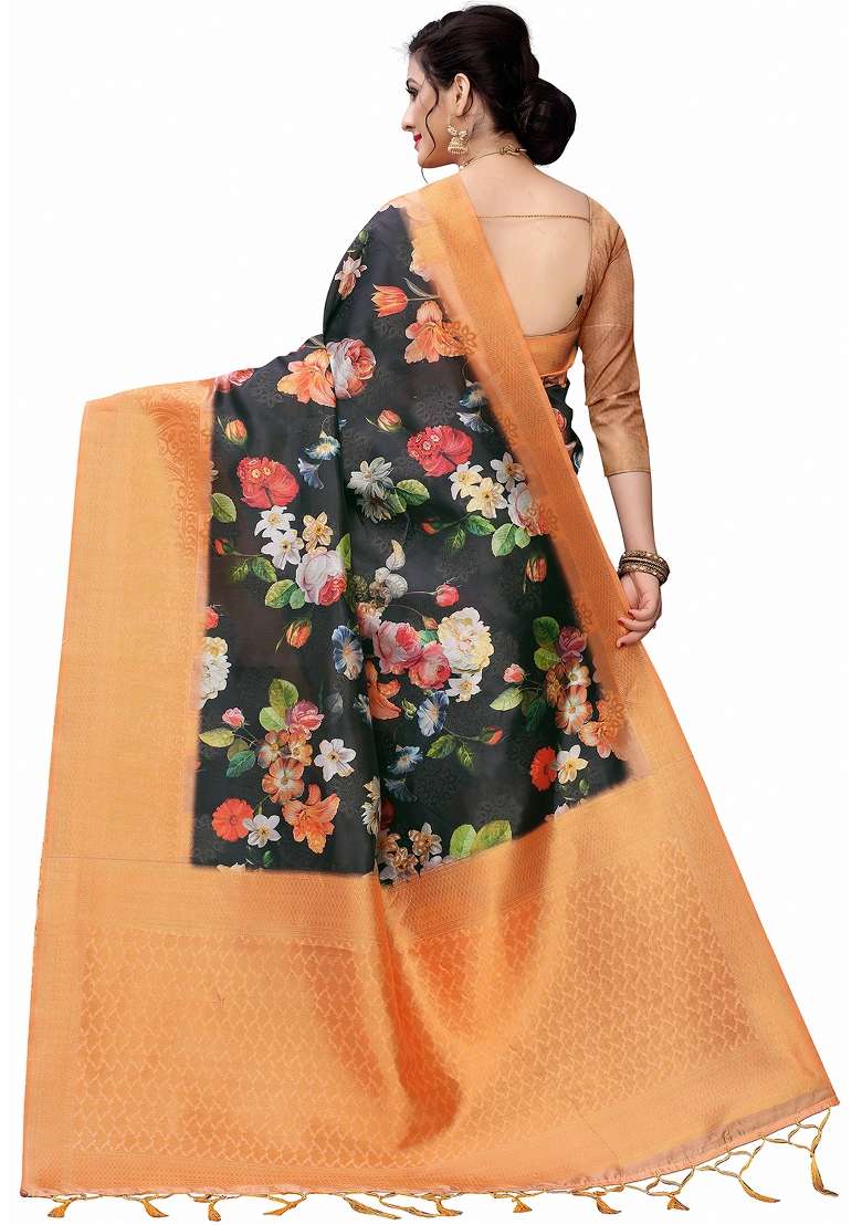 Black Printed Silk Blend Saree Set - Indya
