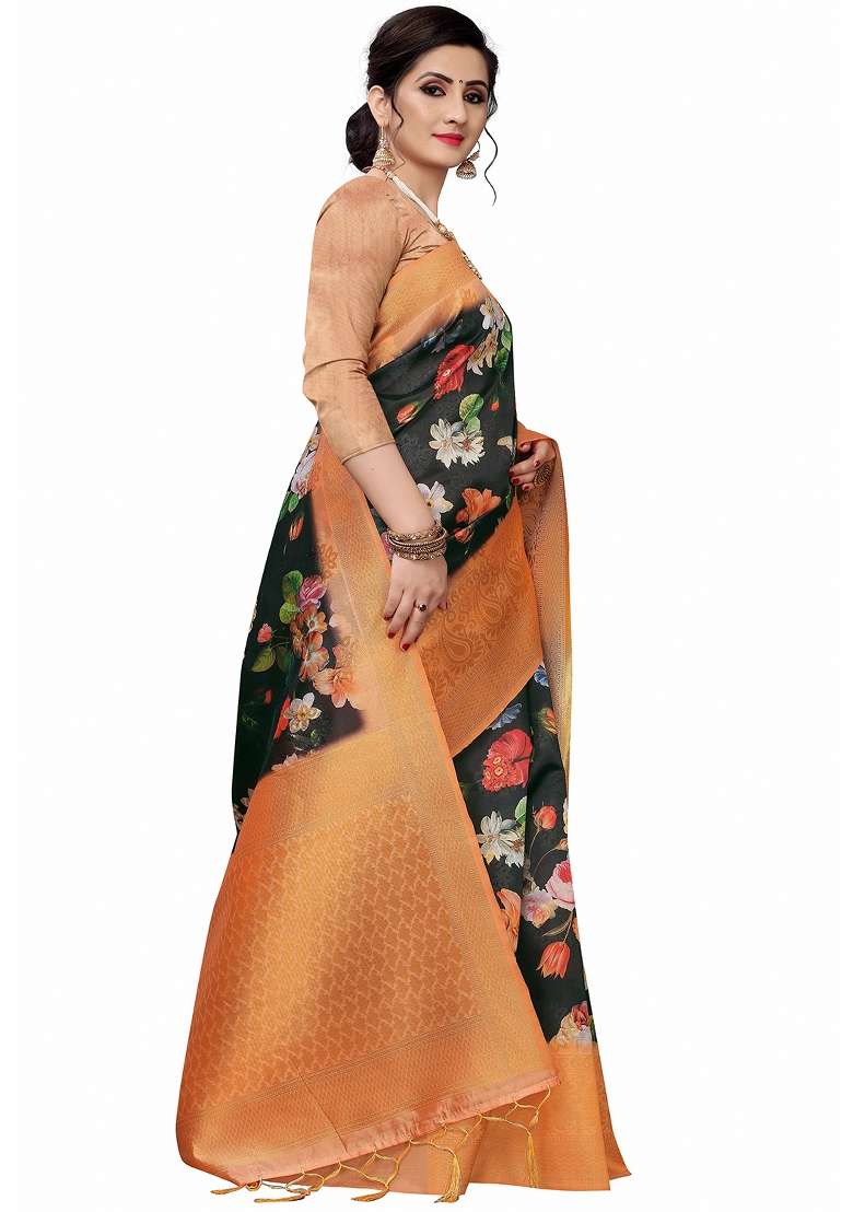 Black Printed Silk Blend Saree Set - Indya