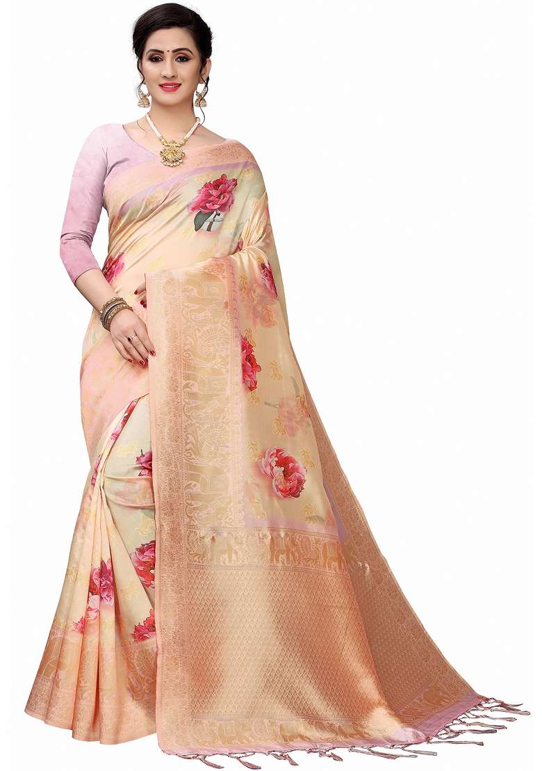 Peach Printed Silk Blend Saree Set - Indya
