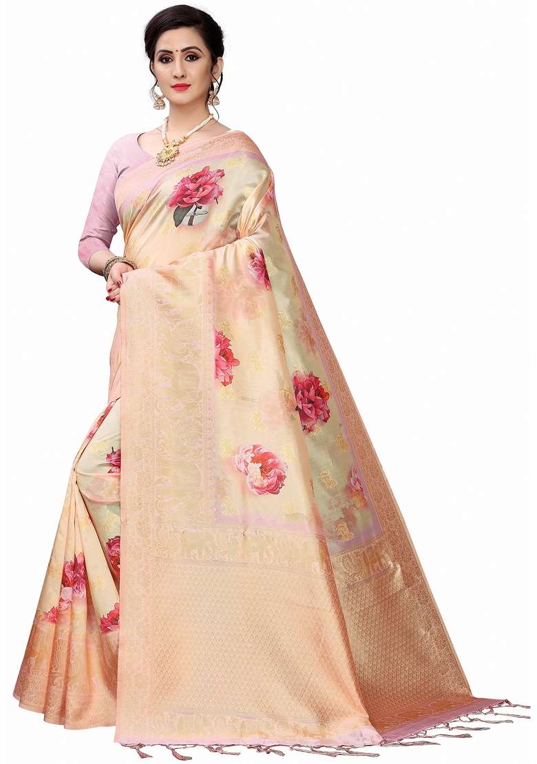 Peach Printed Silk Blend Saree Set - Indya