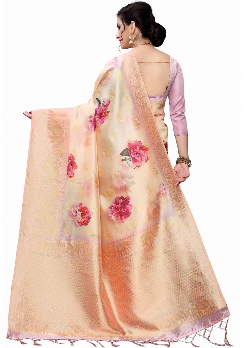 Peach Printed Silk Blend Saree Set - Indya
