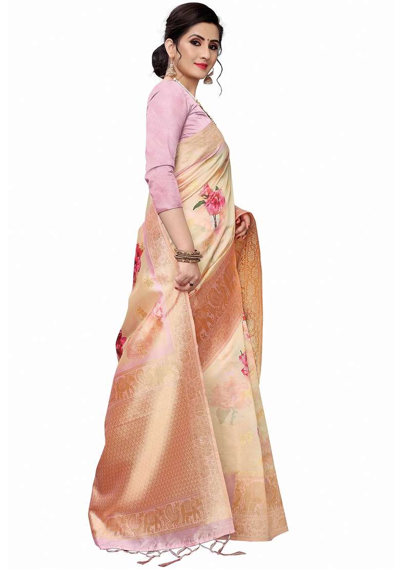 Peach Printed Silk Blend Saree Set - Indya
