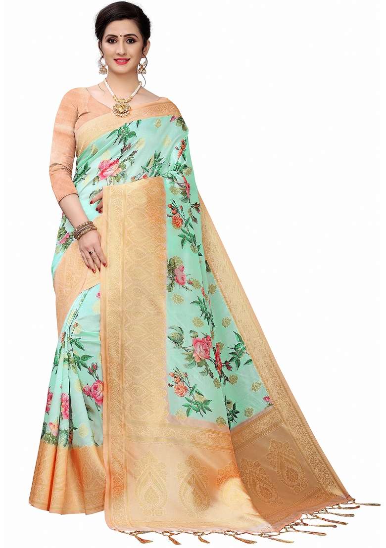 Mint Green Printed Silk Blend Saree Set - Indya