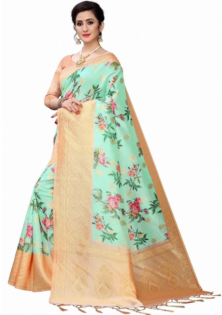 Mint Green Printed Silk Blend Saree Set - Indya