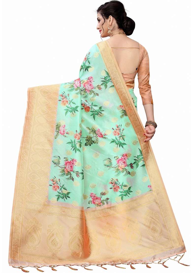 Mint Green Printed Silk Blend Saree Set - Indya