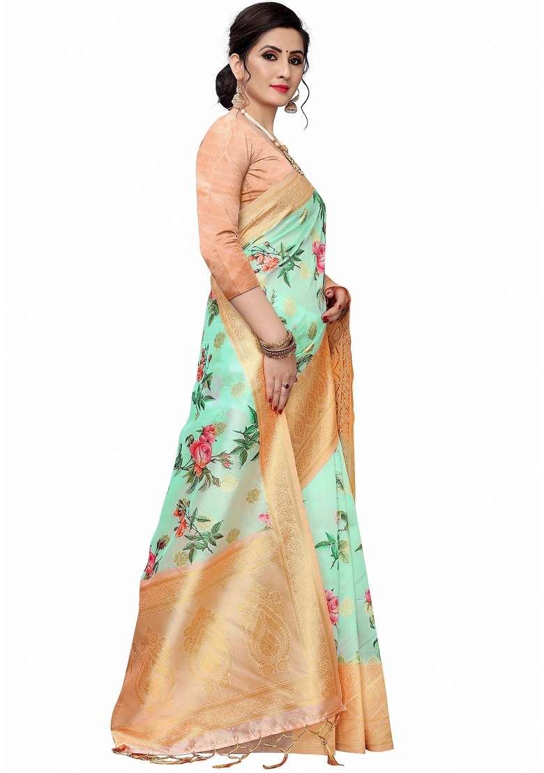 Mint Green Printed Silk Blend Saree Set - Indya
