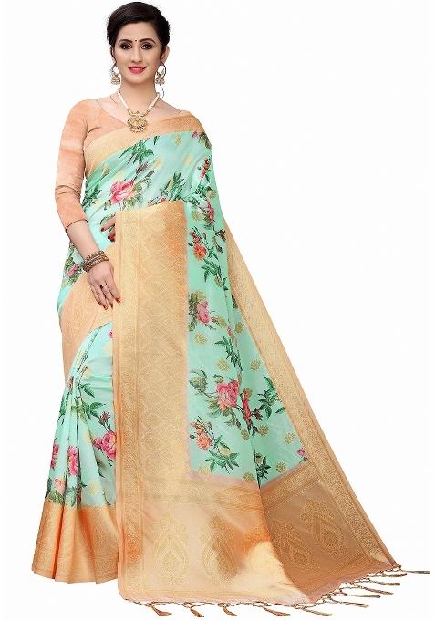 Mint Green Printed Silk Saree Set