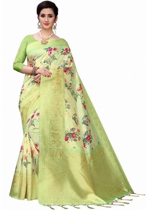 Lemon Green Printed Silk Saree Set