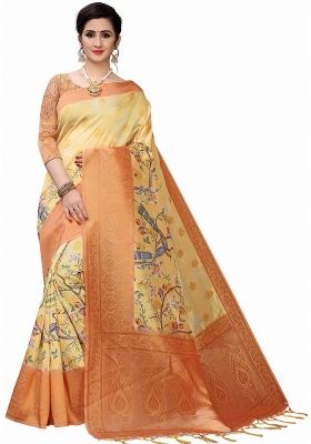 Gold Printed Silk Saree Set