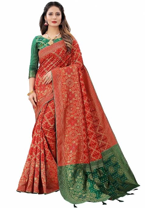 Red Motif Silk Saree Set