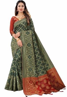 Bottle Green Motif Silk Saree Set