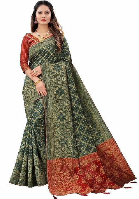 Bottle Green Motif Silk Saree Set — view on Indya
