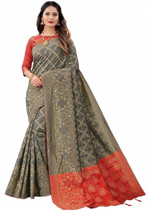 Grey Motif Silk Saree Set