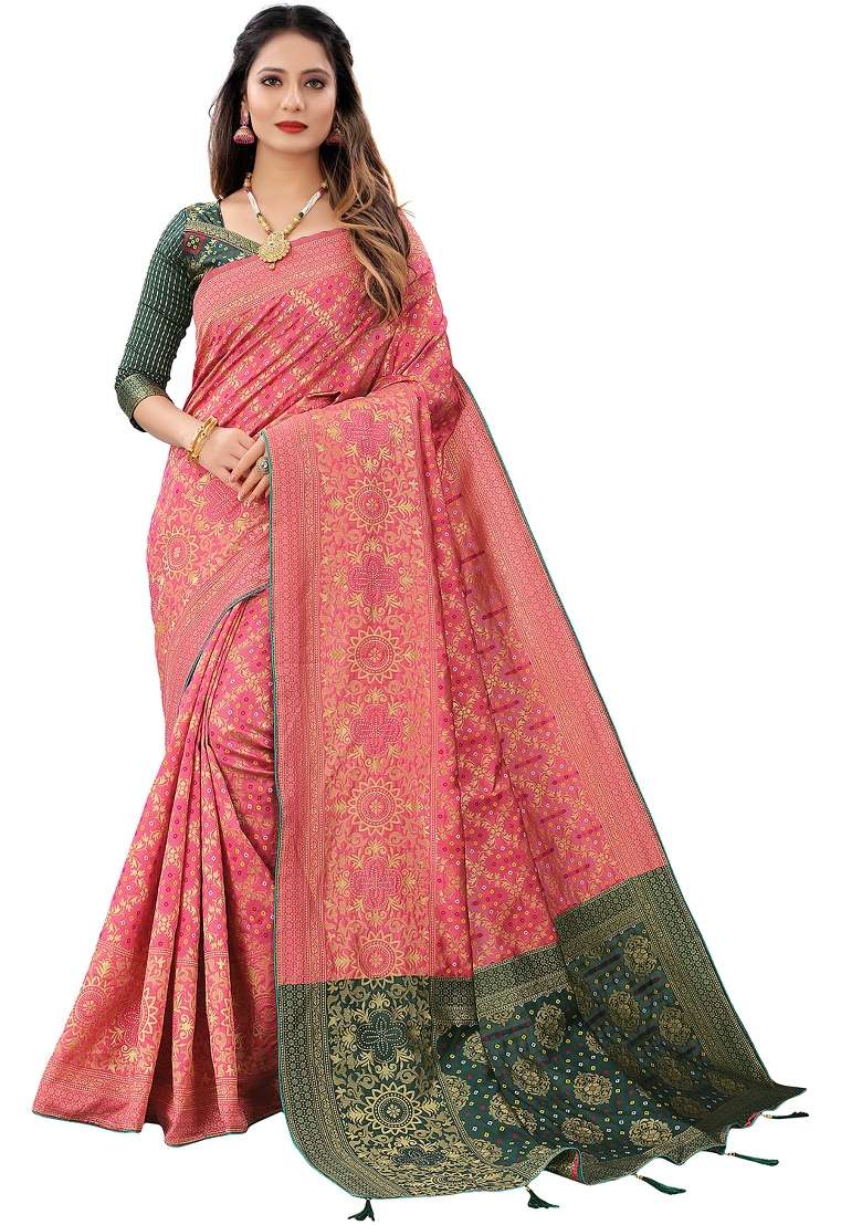 Hot Pink Motif Silk Blend Saree Set - Indya