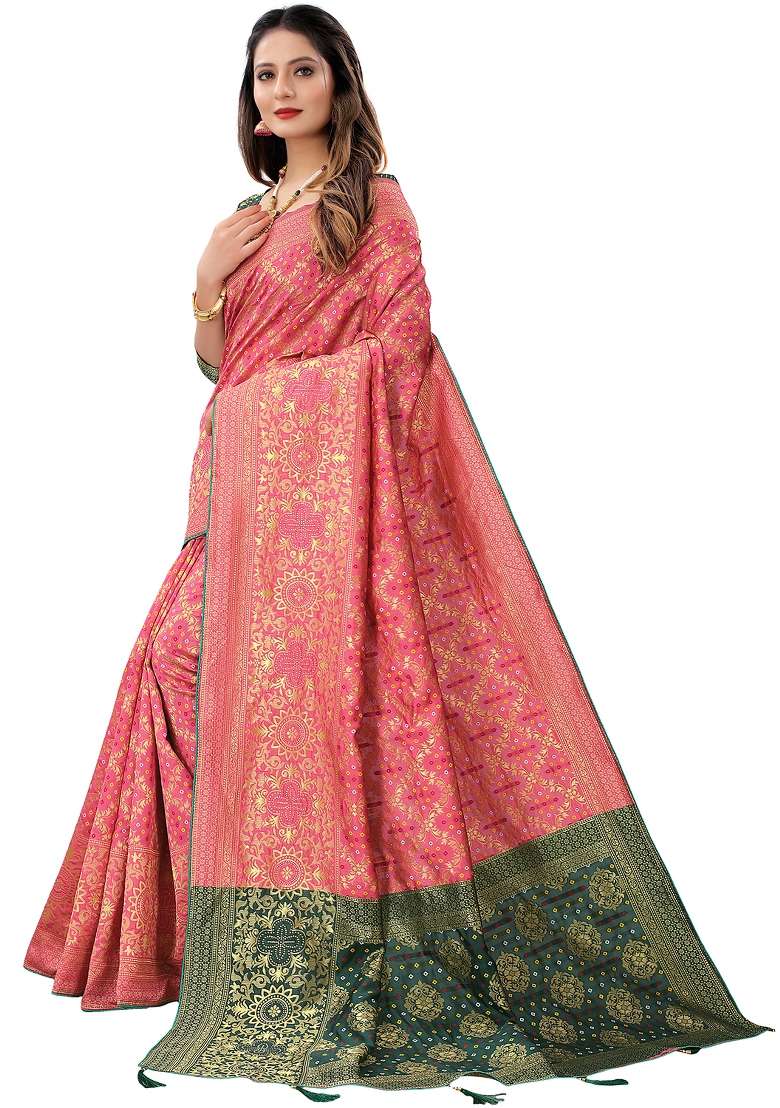Hot Pink Motif Silk Blend Saree Set - Indya