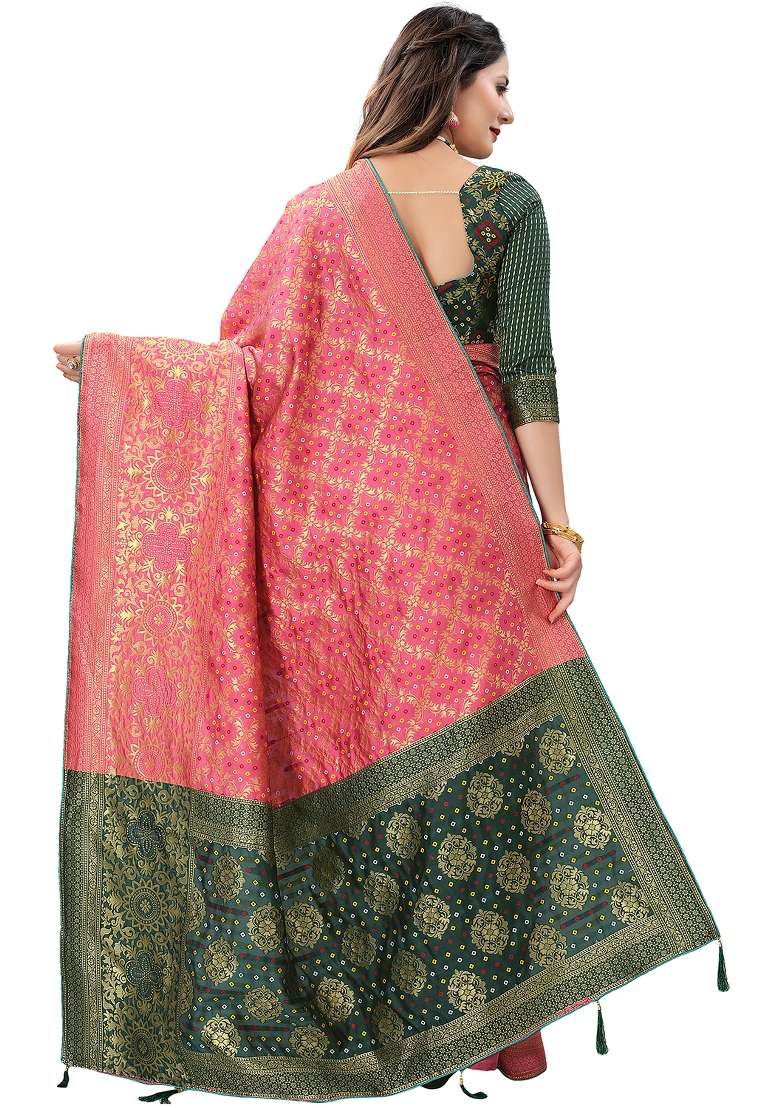 Hot Pink Motif Silk Blend Saree Set - Indya