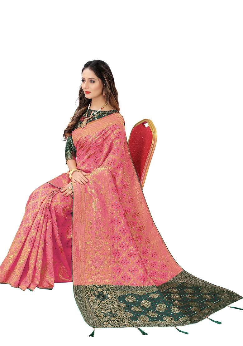 Hot Pink Motif Silk Blend Saree Set - Indya