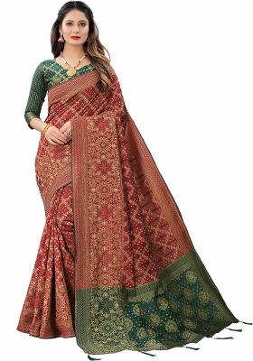 Maroon Motif Silk Saree Set