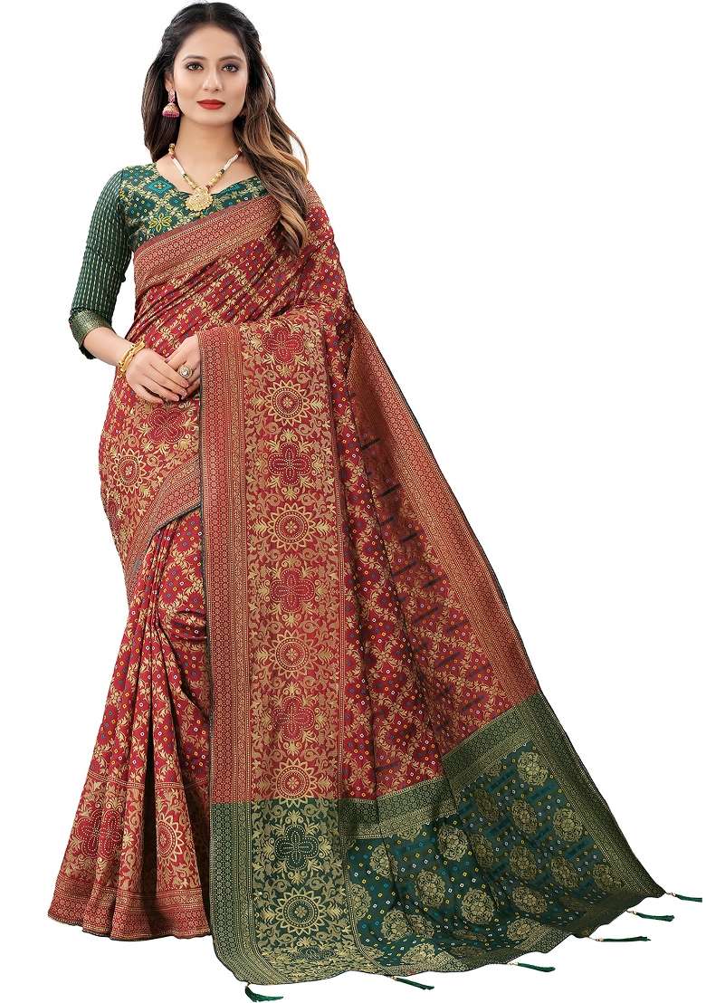 Maroon Motif Silk Blend Saree Set - Indya