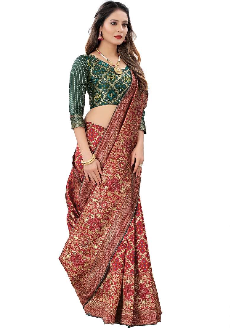 Maroon Motif Silk Blend Saree Set - Indya