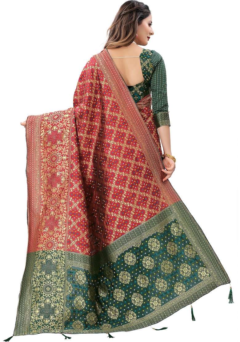 Maroon Motif Silk Blend Saree Set - Indya
