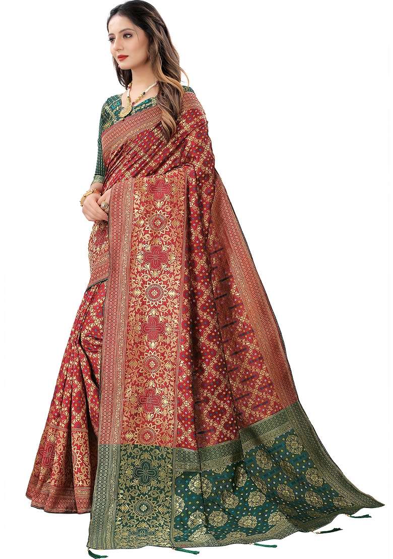 Maroon Motif Silk Blend Saree Set - Indya