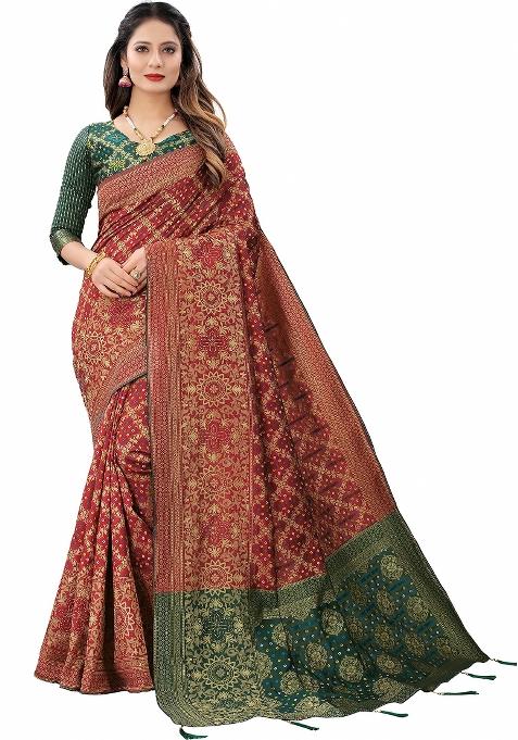 Maroon Motif Silk Saree Set