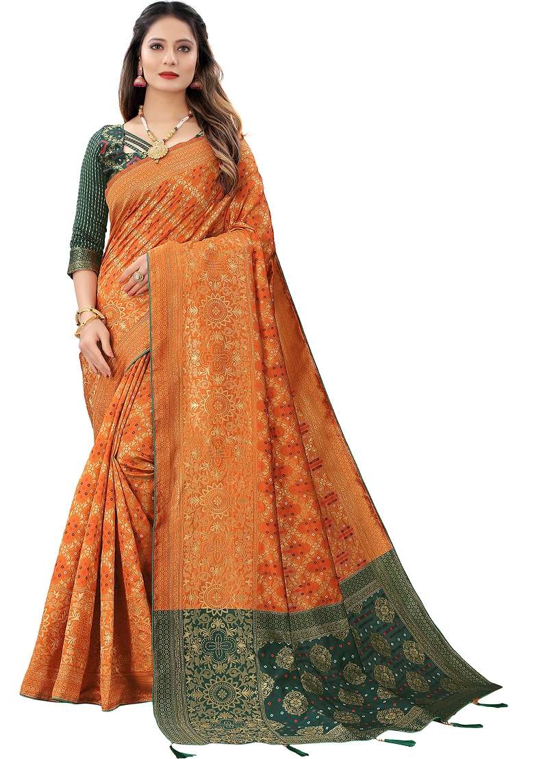 Orange Motif Silk Blend Saree Set - Indya