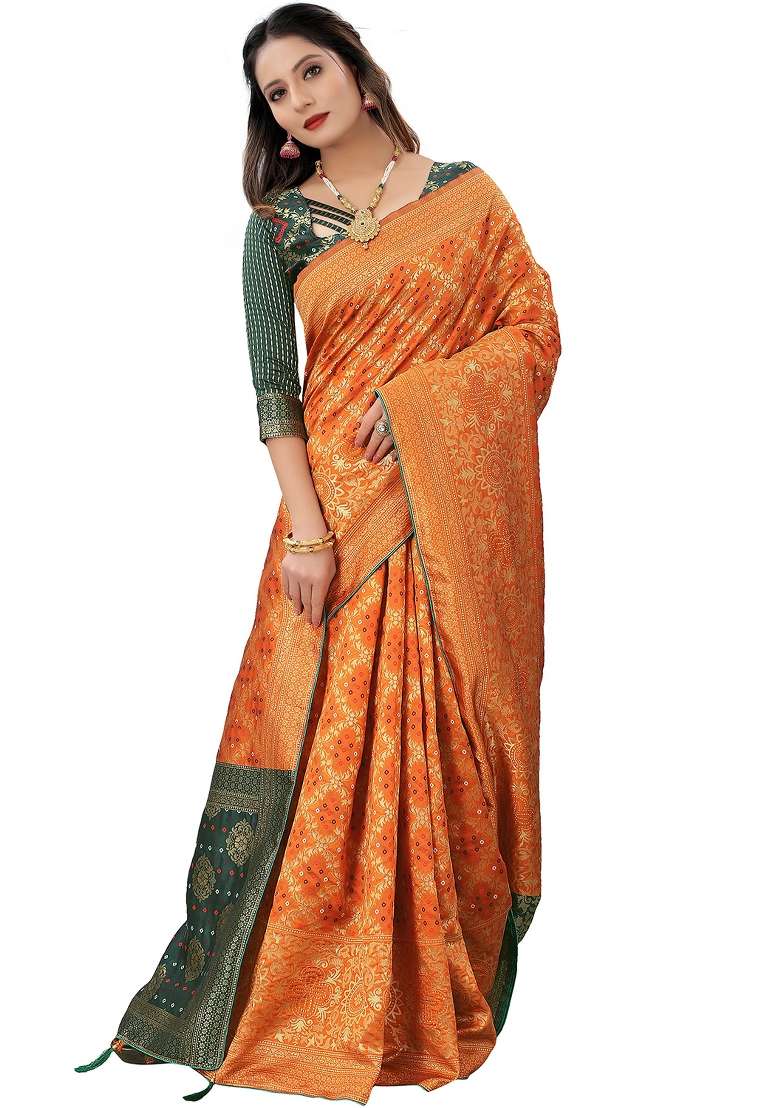 Orange Motif Silk Blend Saree Set - Indya