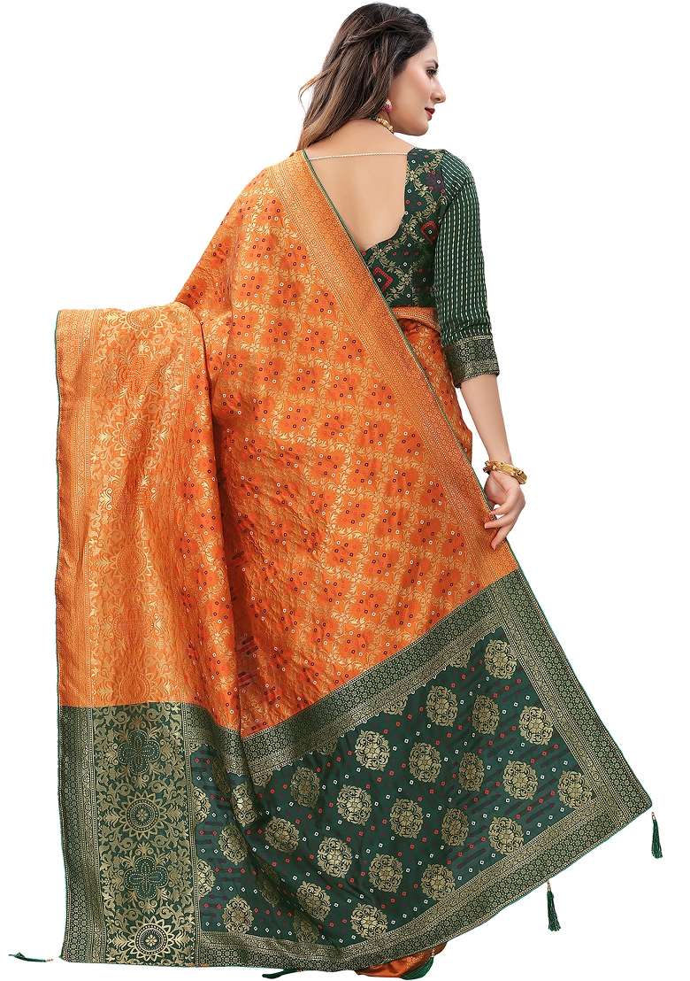 Orange Motif Silk Blend Saree Set - Indya