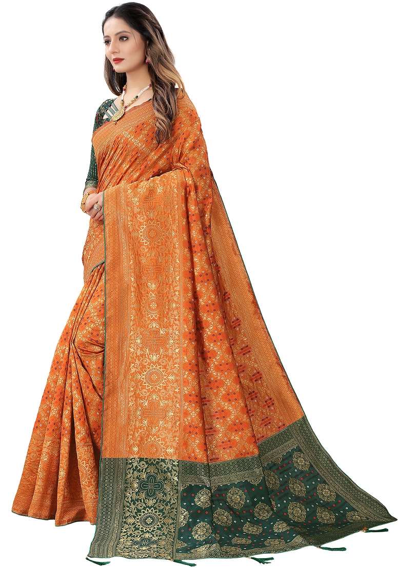 Orange Motif Silk Blend Saree Set - Indya