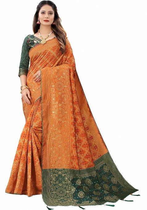 Orange Motif Silk Saree Set