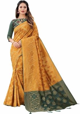 Yellow Motif Silk Saree Set